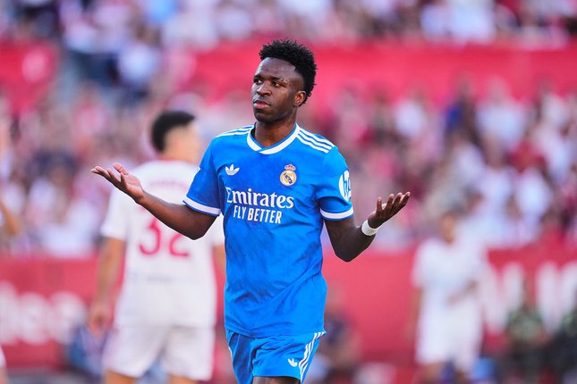 Bintang Real Madrid, Vinicius Junior saat melawan Sevilla, 18 Mei 2026 di Ramon Sanchez Pizjuan.
