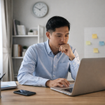 seseorang fokus bekerja dengan laptop di meja kerja minimalis