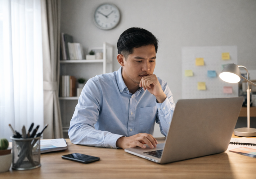 seseorang fokus bekerja dengan laptop di meja kerja minimalis