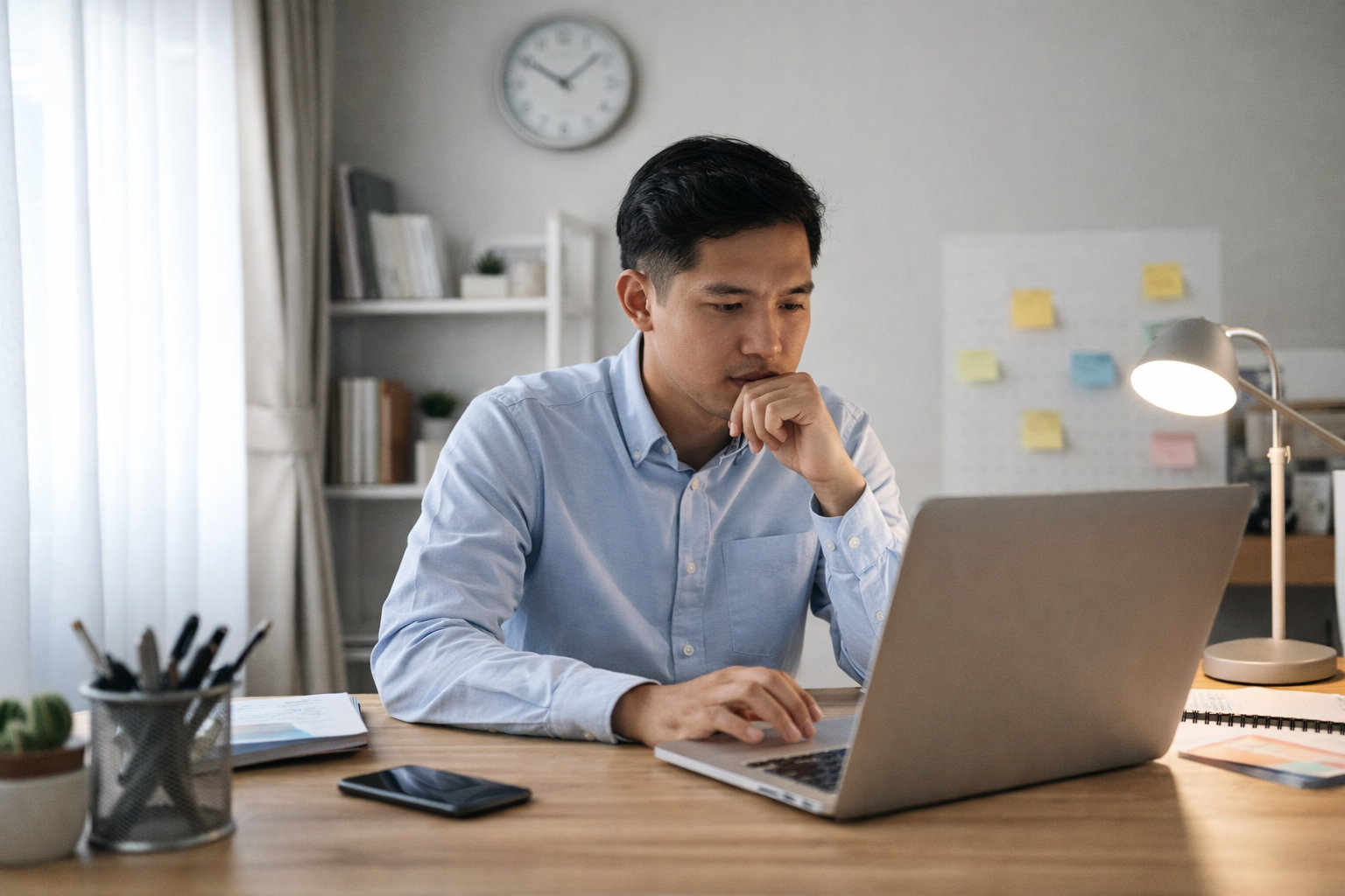 seseorang fokus bekerja dengan laptop di meja kerja minimalis