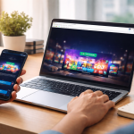 akses platform digital melalui smartphone dan laptop modern