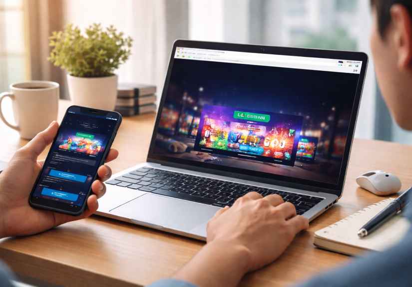 akses platform digital melalui smartphone dan laptop modern
