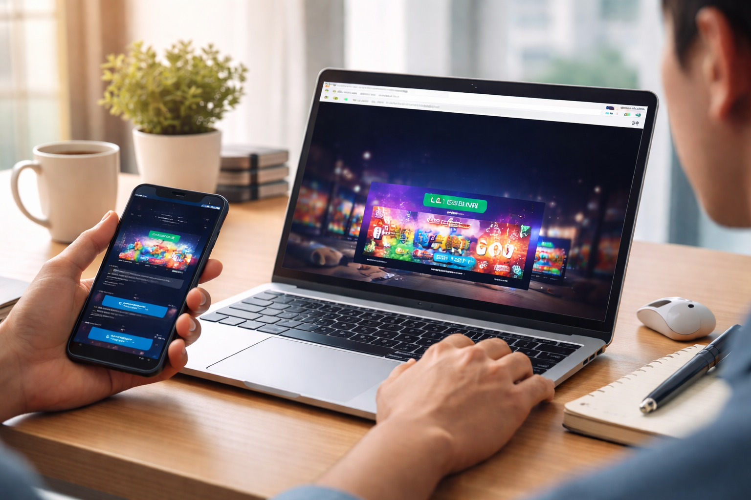 akses platform digital melalui smartphone dan laptop modern