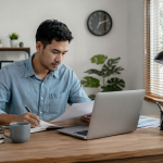seseorang fokus bekerja dengan laptop di meja kerja