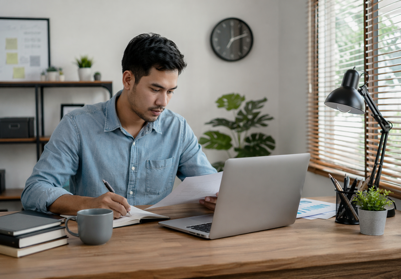 seseorang fokus bekerja dengan laptop di meja kerja