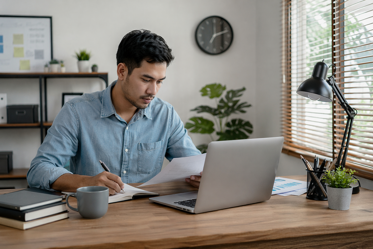 seseorang fokus bekerja dengan laptop di meja kerja
