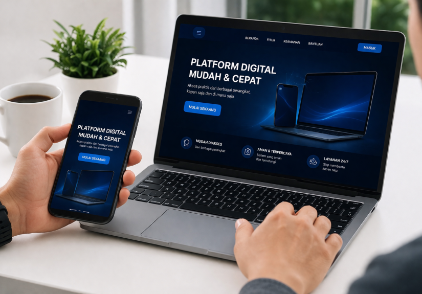 akses website melalui smartphone dan laptop modern