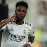 Selebrasi Vinicius Junior setelah mencetak gol ke gawang Betis di lanjutan La Liga, 25 April 2026.