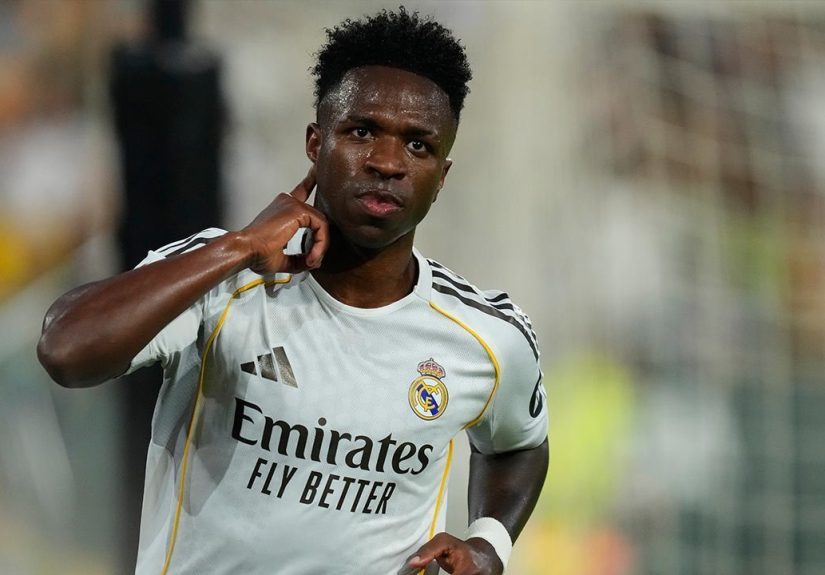Selebrasi Vinicius Junior setelah mencetak gol ke gawang Betis di lanjutan La Liga, 25 April 2026.