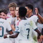 Para pemain Real Madrid merayakan gol dalam pertandingan La Liga melawan Real Sociedad, Kamis (27/8/2026).