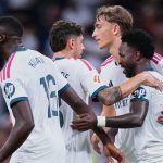 Para pemain Real Madrid merayakan gol dalam laga La Liga Spanyol antara Real Madrid vs Real Sociedad di Madrid, Spanyol, Rabu, 26 Agustus 2026.