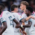 Para pemain Real Madrid merayakan gol dalam laga La Liga Spanyol antara Real Madrid vs Real Sociedad di Madrid, Spanyol, Rabu, 26 Agustus 2026.